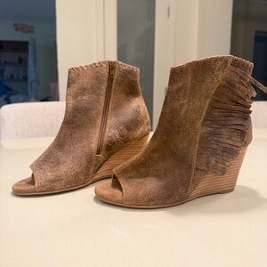 Diba True Suede Leather Fringe Brown Peep-Toe Wedge Booties
